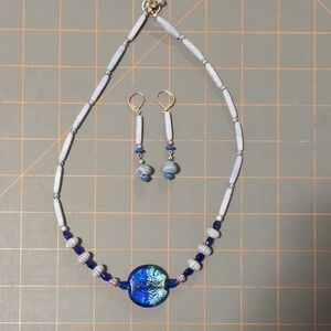 Blue Beaded Necklace and Earring Set